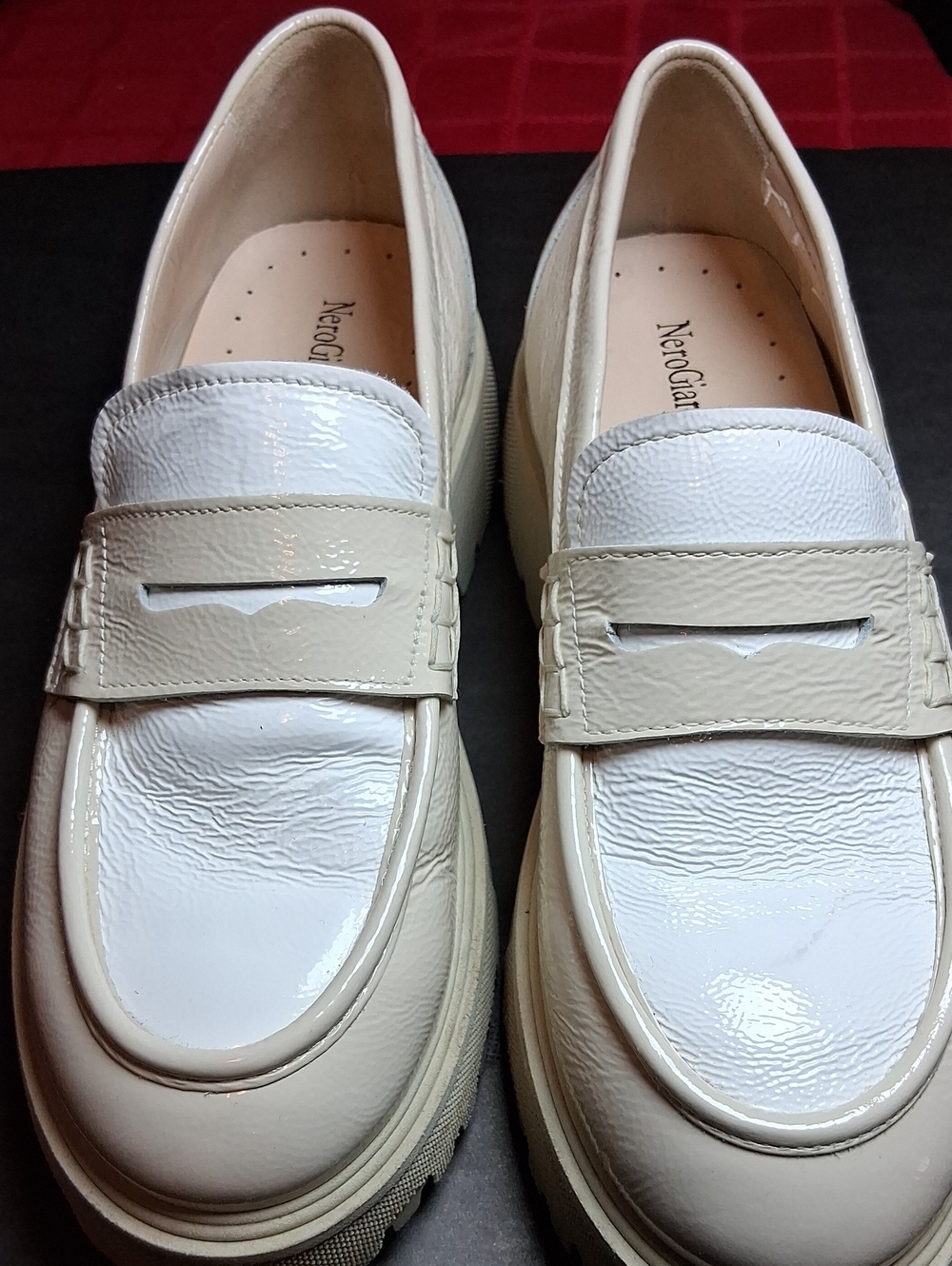 Nero Giardini Cream and White Patent Leather Penny Loafers